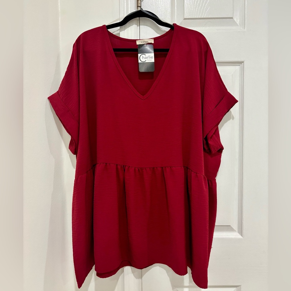 Entro Dark Red V-Neck Blouse - 2X